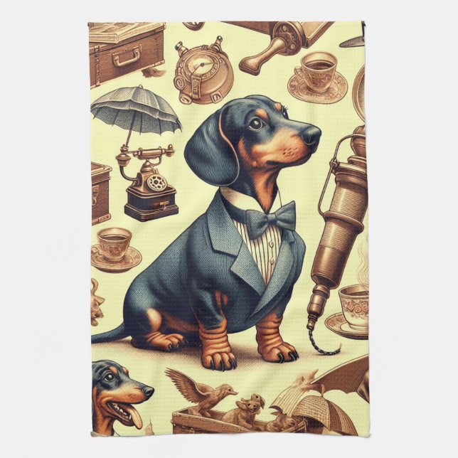 Vintage Dachshund Illustration Tea Towel (Vertical)