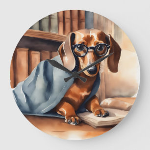 Vintage Dachshund in the Old Library Large Clock