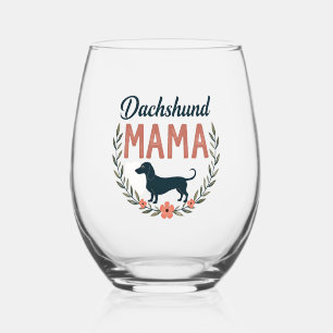 Vintage Dachshund Mama Floral Dog Lover Vector Des Stemless Wine Glass