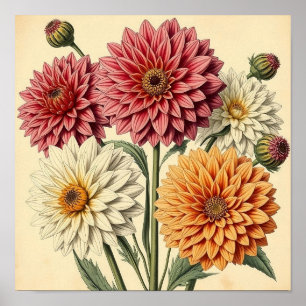 Vintage Dahlias on Weathered Paper Poster