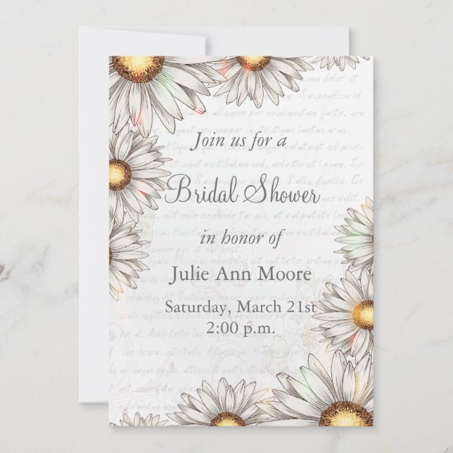 Vintage Daisies & Writing Bridal Shower Invitation (Front)
