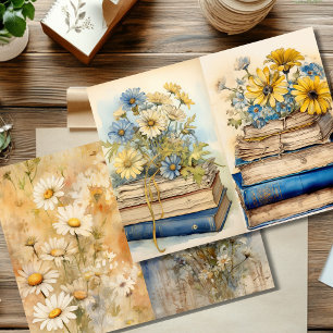 Vintage Daisy and Stacked Books Scrapbook Paper