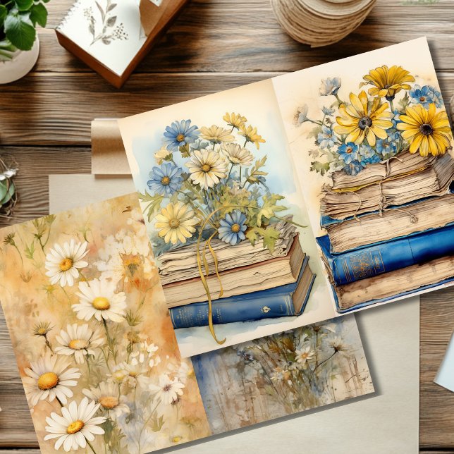 Vintage Daisy and Stacked Books Scrapbook Paper (Creator Uploaded)