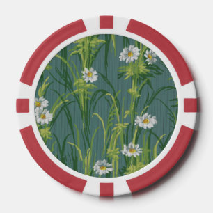 Vintage Daisy Floral on Teal Grey Pin-stripes Poker Chips