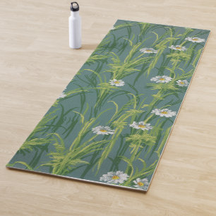 Vintage Daisy Floral on Teal Grey Pin-stripes Yoga Mat