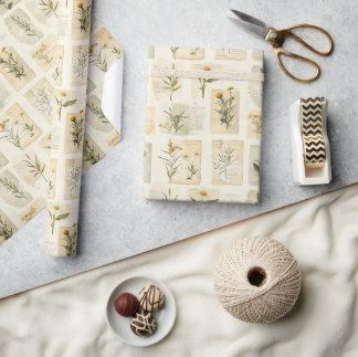 Vintage Daisy Herbarium Collage Wrapping Paper