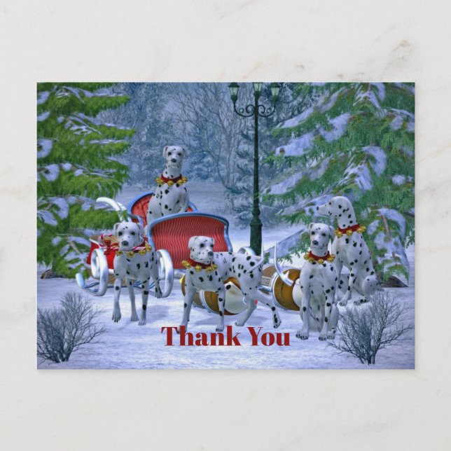 Vintage Dalmatian Sleigh Snow Christmas Thank You Postcard (Front)