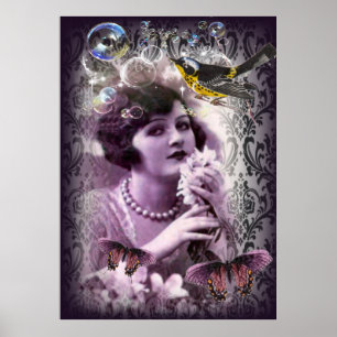 Vintage damask 1920s Paris Lady Flapper Girl Poster