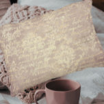 Vintage damask and script gold and pink distressed decorative cushion<br><div class="desc">An antique,  distressed look fabric with a damask pattern and script writing. In colours of pink and gold.</div>