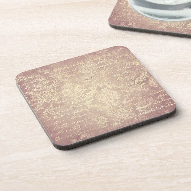 Vintage damask and script gold pink distressed coaster (Left Side)