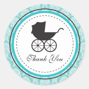 Vintage Damask Baby Carriage Baby Shower Classic Round Sticker