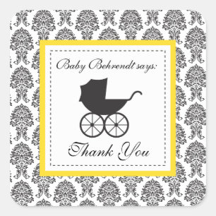 Vintage Damask Baby Carriage Baby Shower Square Sticker