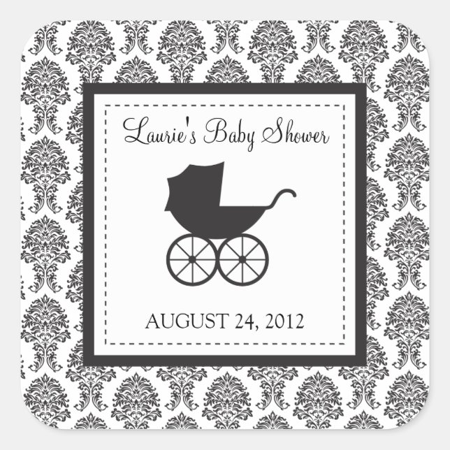 Vintage Damask Baby Carriage Baby Shower Square Sticker (Front)