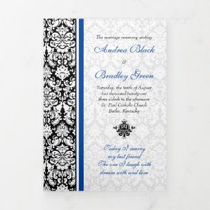 Vintage Damask Blue Black Tri-Fold Wedding Program Programme