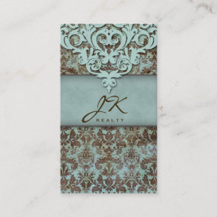 Vintage Damask Blue Elegant Crown Western Business Card