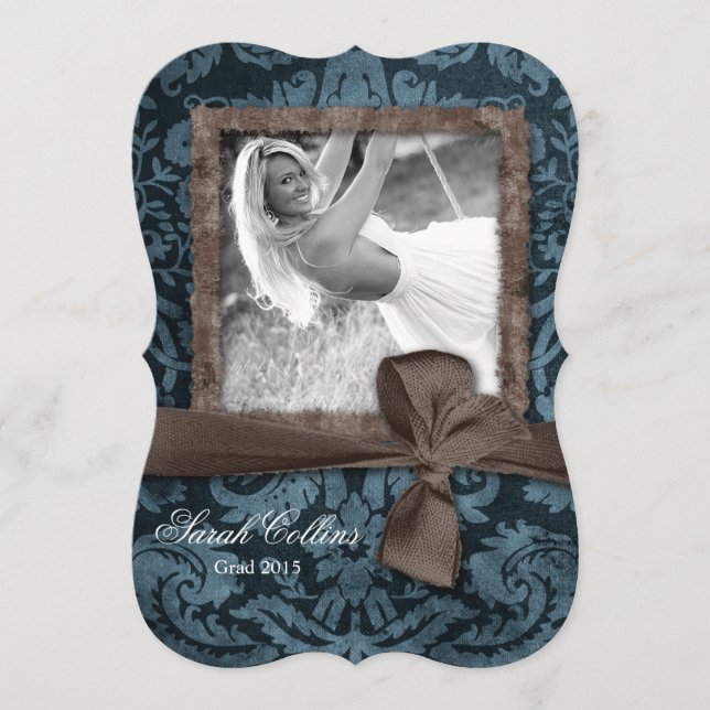 Vintage Damask Bow Grad Photo Card (Front)