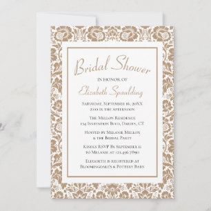 Vintage Damask Bridal Shower Brown Floral Lace Invitation
