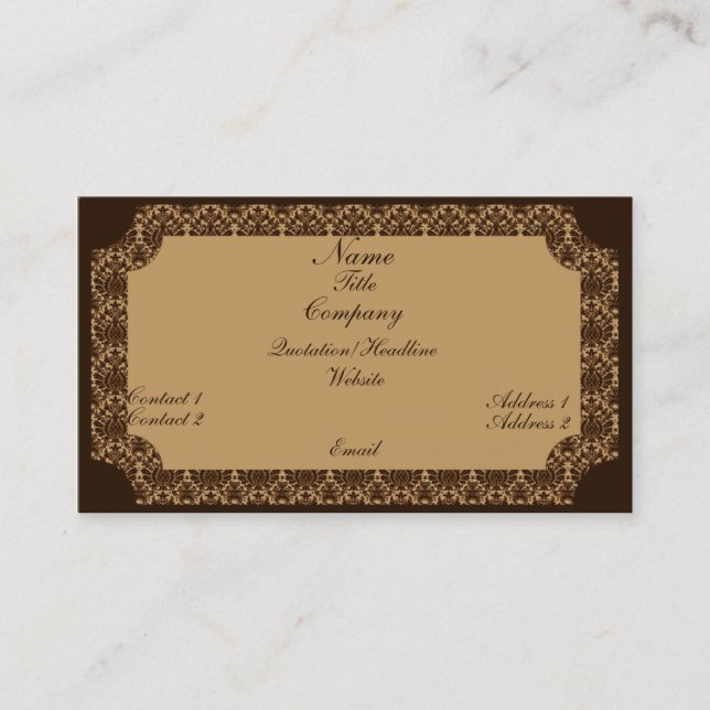 Vintage Damask Business Card, Chocolate Brown Card (Front)
