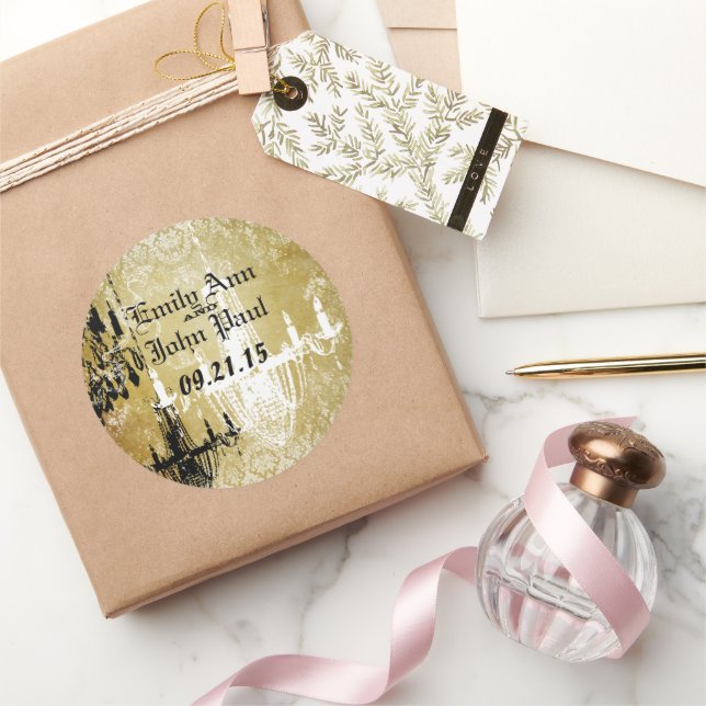 Vintage Damask Chandelier Gold Wedding Sticker (Gifting)