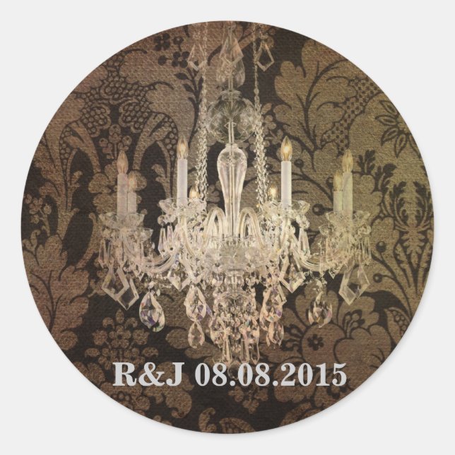 vintage damask chandelier wedding classic round sticker (Front)