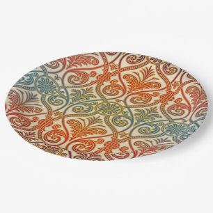 Vintage Damask Contour Wallpaper - blue violet red Paper Plate
