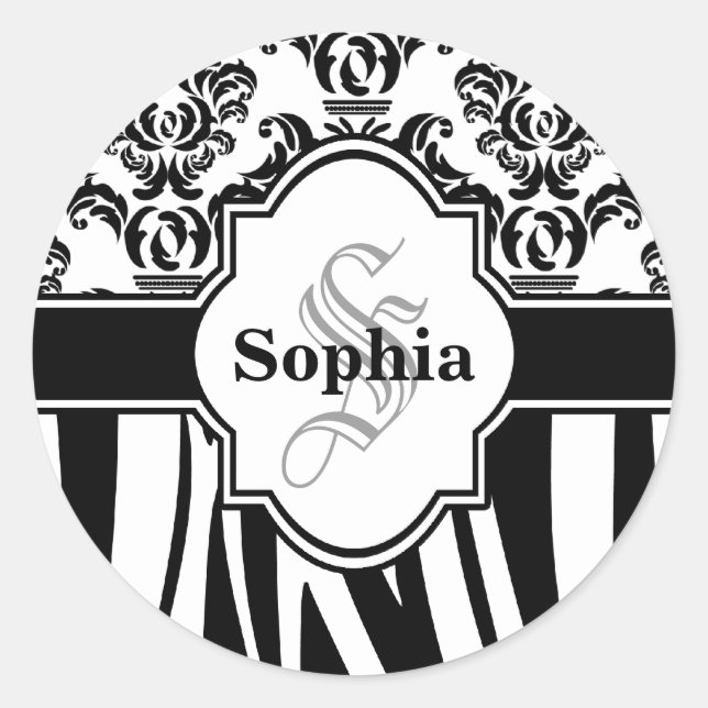 Vintage Damask Cool Zebra Stripes Classic Round Sticker (Front)