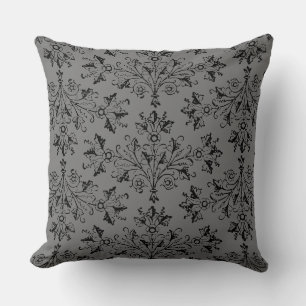 Vintage Damask Daisy Floral Black Grey Cushion