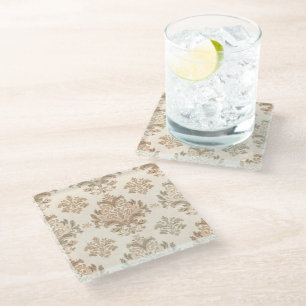 Vintage Damask Elegant Beige French Farmhouse Glass Coaster
