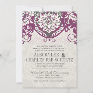 Vintage Damask Grey and Plum Modern Typography Invitation