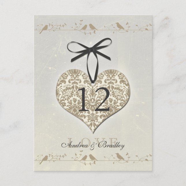 Vintage Damask Heart Silver Gold Table Number Postcard (Front)