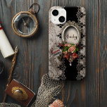 Vintage Damask iPhone 7 case<br><div class="desc">Elegant formal design featuring ornate silver frame with space for customisation, cluster of vintage roses in pink and burgandy with ribbon, antique skeleton key and hanging jewelled portrait pendant. Background features distressed black and linen damask with ornate sculpted borders. Note: Sculpted, engraved, embossed and dimensional effects, layered, aged or eroded...</div>