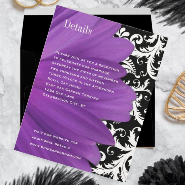 Vintage Damask Lavender Gerber Daisy Wedding Invitation (Creator Uploaded)