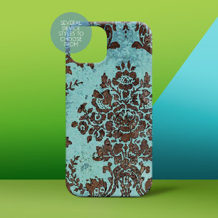 Vintage Damask Pattern - Chocolate and Teal iPhone 15 Case