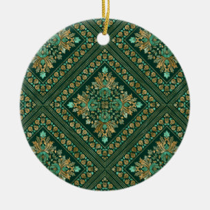 Vintage Damask Pattern - Emerald green and gold Ceramic Tree Decoration
