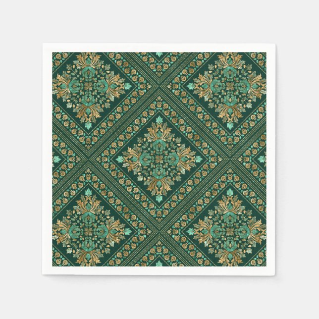 Vintage Damask Pattern - Emerald green and gold Napkin (Front)