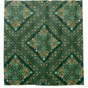 Vintage Damask Pattern - Emerald green and gold Shower Curtain