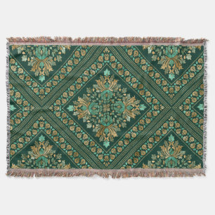 Vintage Damask Pattern - Emerald green and gold Throw Blanket