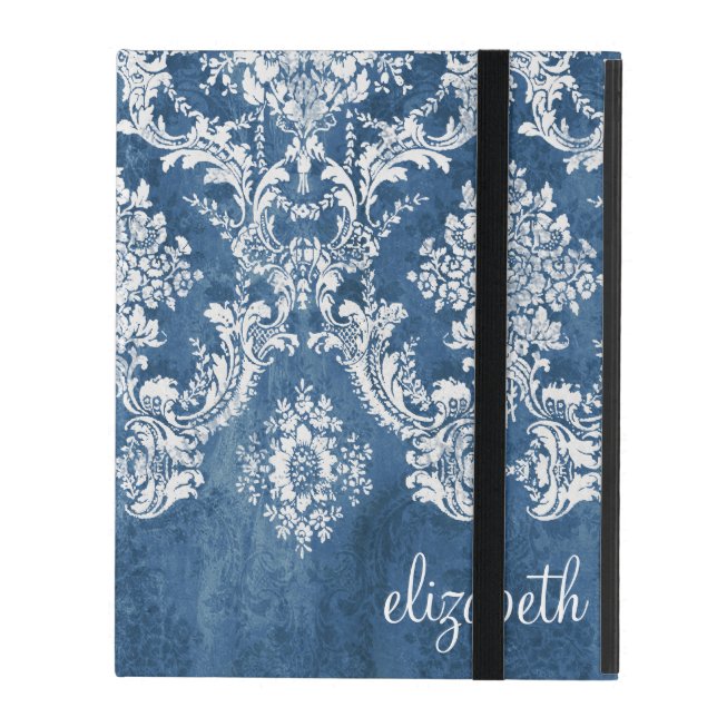 Vintage Damask Pattern - Grungy Sapphire Blue iPad Case (Front Closed)