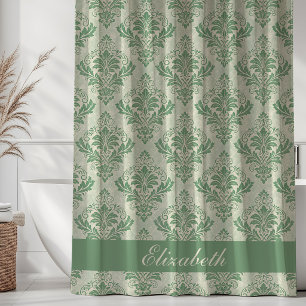 Vintage Damask Pattern Monogram Name Green Shower Curtain