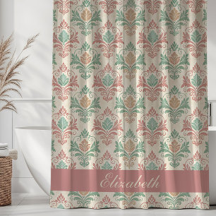 Vintage Damask Pattern Monogram Name Rose Mint Shower Curtain