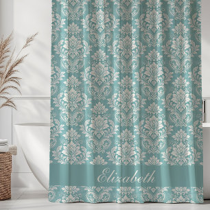 Vintage Damask Pattern Monogram Name Turquoise Shower Curtain