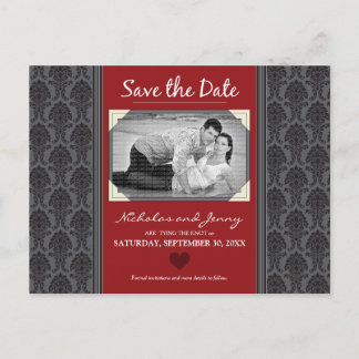 Vintage Damask Photo Cranberry Save the Date Announcement Postcard