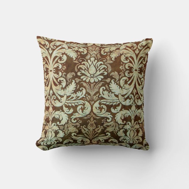 Vintage Damask Pillow Elegant Green Brown (Front)