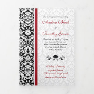Vintage Damask Red Black  Tri-Fold Wedding Program Programme