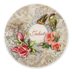 Vintage Damask Roses and Birds Personalised Ceramic Knob