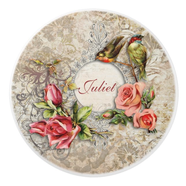 Vintage Damask Roses and Birds Personalised Ceramic Knob (Front)