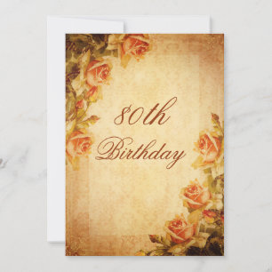 Vintage Damask Shabby Chic Peach Roses 80th Invitation