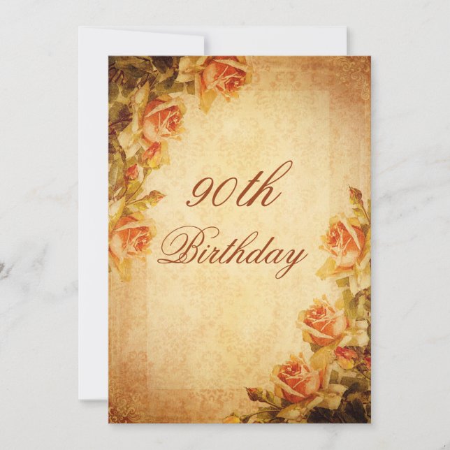 Vintage Damask Shabby Chic Peach Roses 90th Invitation (Front)