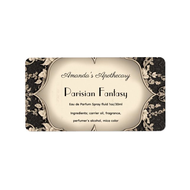 Vintage Damask Silver Frame Perfume Bottle Label (Front)