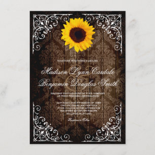 Vintage Damask Sunflower Rustic Wedding Invitation